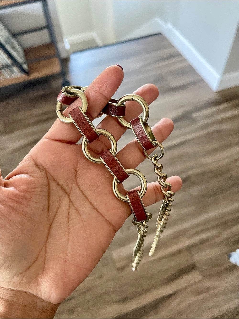 White House Black Market Gold-Tone Chain Necklace with Brown Leather Insets